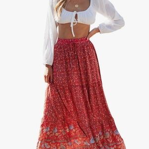 Floral Red Boho Maxi Skirt